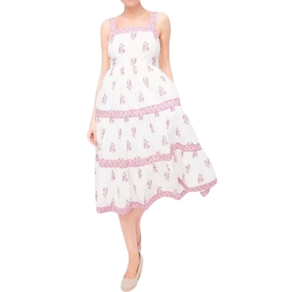 J. Crew White Midi Dress with Pink Trim and Print